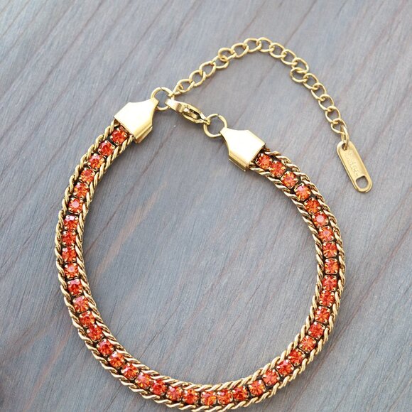 Orange Red CZ Diamond Cuban Chain Tennis Bracelet 18k Gold Plated Stainless Stee - Picture 2 of 4